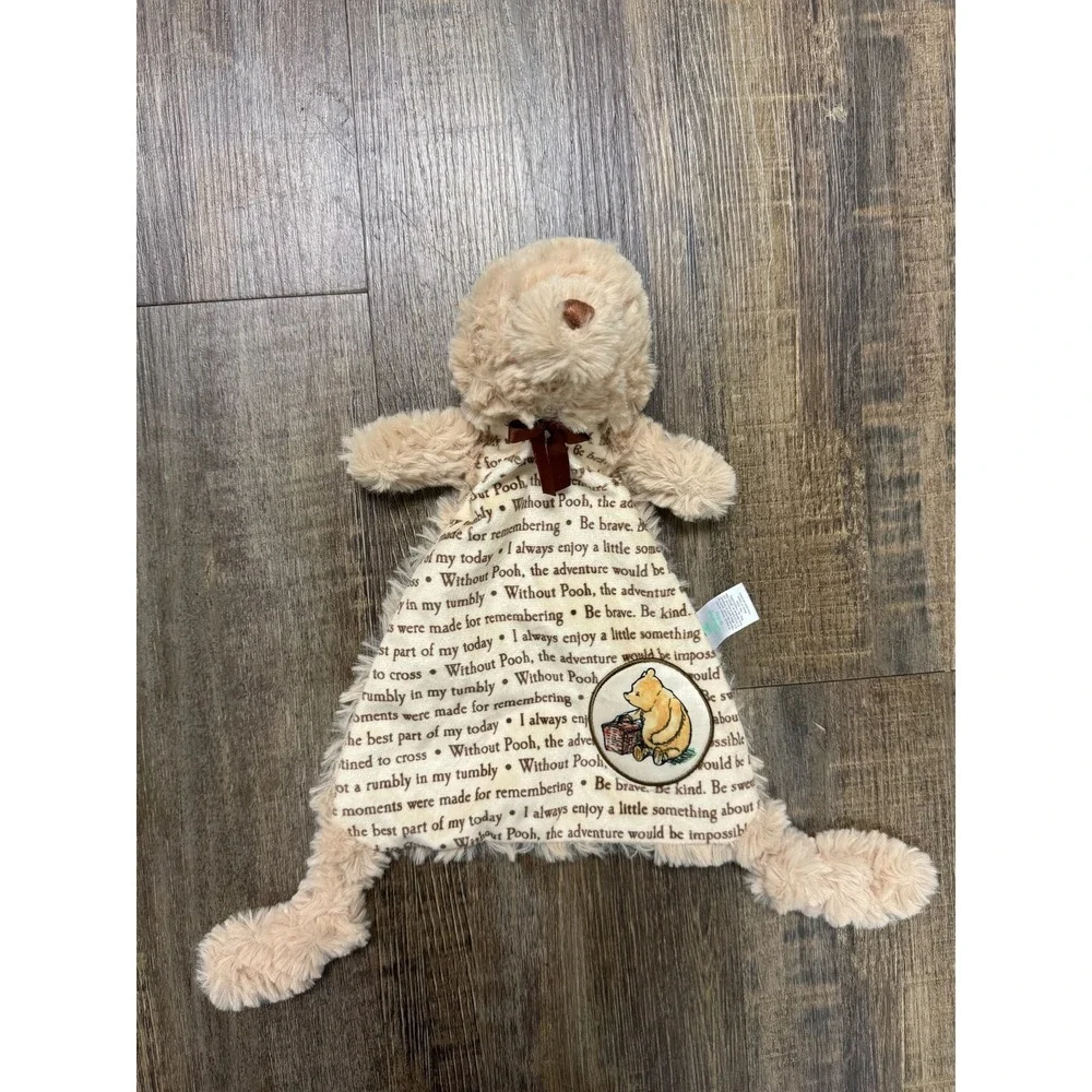 Disney Winnie the Pooh Baby Security Blanket Lovey Tan Script Quotes Plush Bear‎